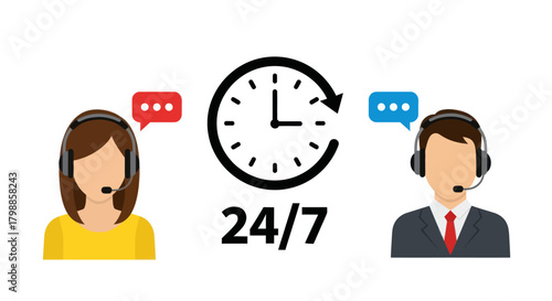 24/7 customer service with a woman and a man wearing headsets.
