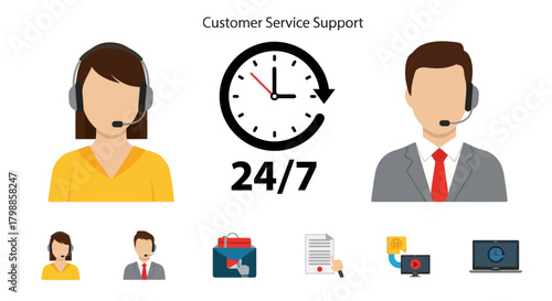 Customer service support concept with male and female agents providing 24/7 assistance and various communication methods.