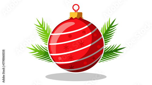 Red christmas ornament with pine needles and white stripes