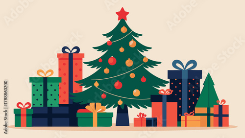 Festive christmas tree surrounded by colorful gift boxes