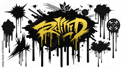 Gold graffiti tag with black drips and splatters
