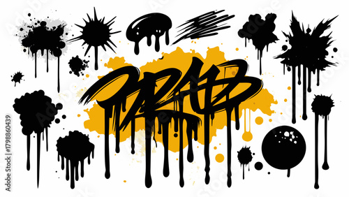Graffiti style black ink splatters and drips with yellow background