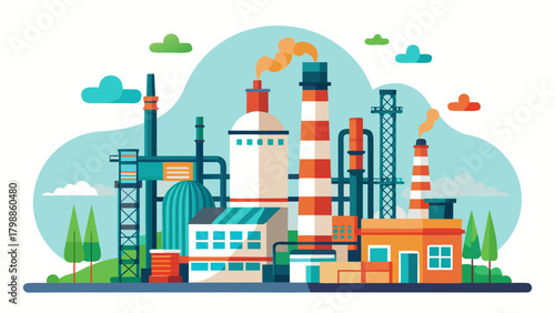 Colorful industrial factory with smoke stacks and buildings
