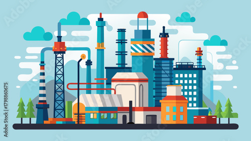 Modern industrial factory complex with pipes and smokestacks