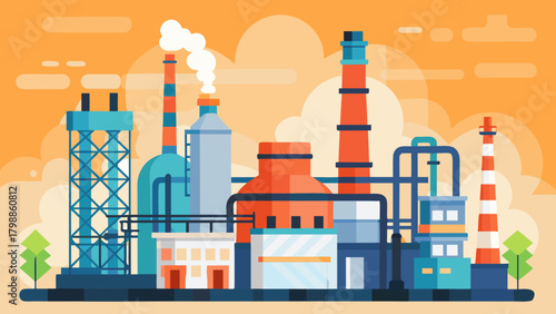 Modern industrial factory with smokestacks and buildings