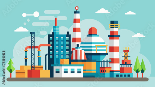 Modern industrial complex with colorful buildings and smokestacks