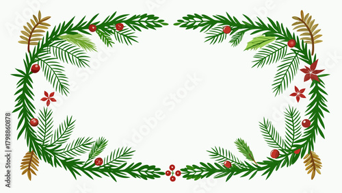 Christmas garland border with pine needles berries and poinsettias