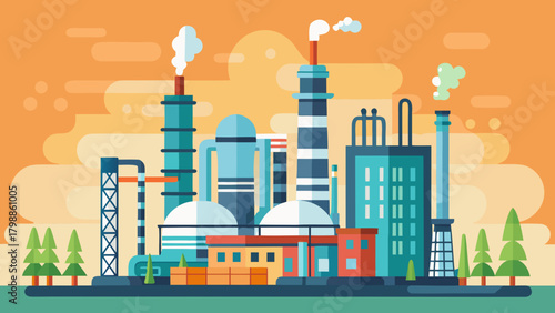 Modern industrial factory complex with smokestacks and pipelines