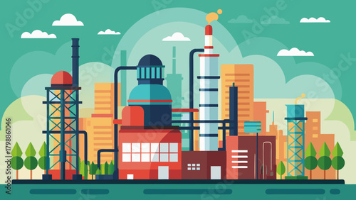 Industrial factory complex with smokestacks and pipelines under a cloudy sky