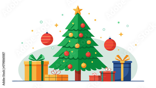 Festive christmas tree surrounded by colorful gifts and ornaments