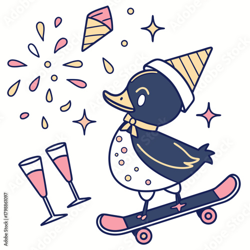 Vector illustration of a Bashful Duck with riding a skateboard, styled in a New Year celebration theme using Midnight Sparkle colors