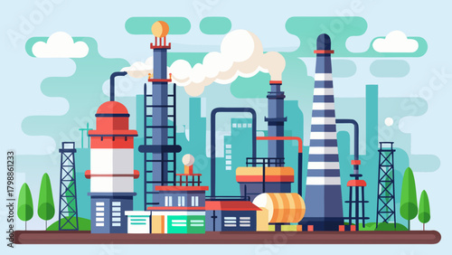 Modern industrial factory complex with smoke stacks and pipelines