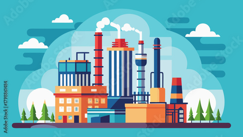 Modern industrial factory complex with smokestacks emitting steam