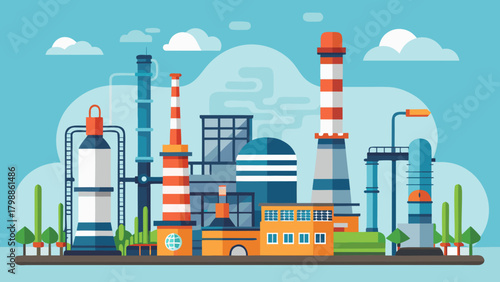 Modern industrial complex with smokestacks and pipelines under a blue sky