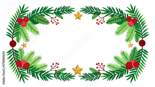Christmas wreath border with pine needles holly berries and stars