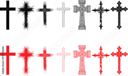 Christian cross symbol collection in black and red featuring traditional, modern, ornate, and abstract designs for faith and religious artwork.