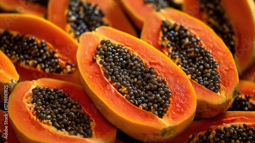 Close-up shot of several vibrant papaya halves, showcasing the orange flesh and numerous black seeds