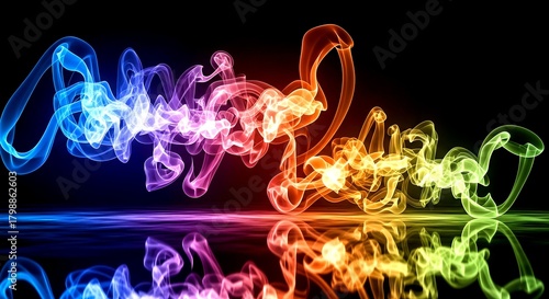 Colorful Abstract Smoke Trails Reflecting on a Dark, Smooth Surf