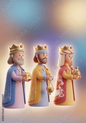 Three stylized wise men bearing gifts, gold, and incense for the nativity scene.