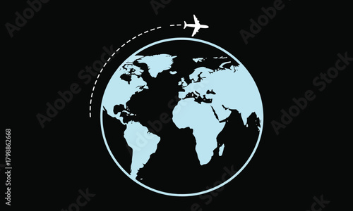 Airplane flying around the world illustration, symbolizing travel, tourism, global connection, and international business, perfect for travel agencies and airline companies