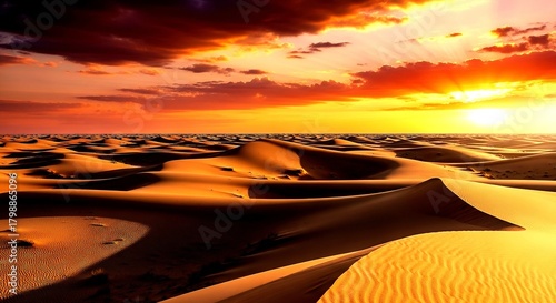 Fototapeta Naklejka Na Ścianę i Meble -  Dramatic Desert Sunset Over Sand Dunes with Fiery Orange Sky