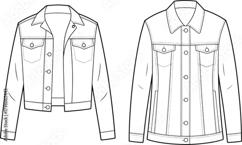 Denim jacket fashion template, vector garment sketch, jean jacket technical drawing, front view outerwear design, apparel flat illustration, clothing outline