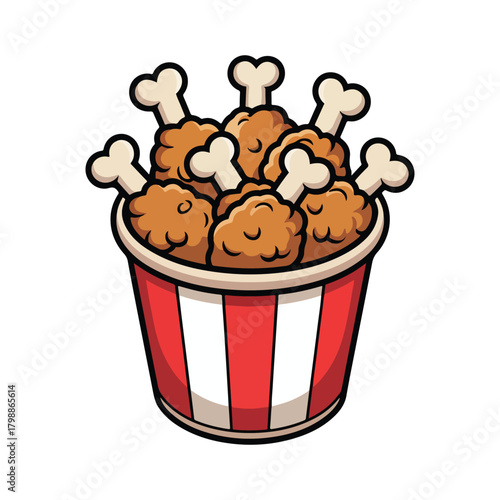 Crispy fried chicken drumsticks in a red striped bucket
