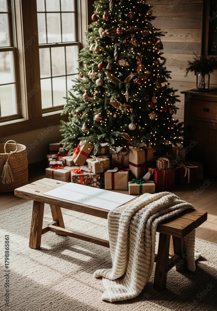 Obraz premium A cozy, rustic living room with a decorated Christmas tree, presents, and a wooden bench.