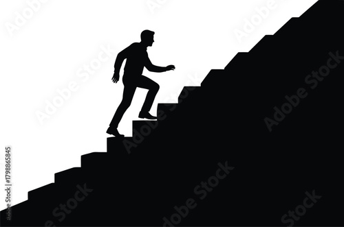 Silhouette of a man climbing stairs, symbolizing progress, success, and overcoming challenges in life