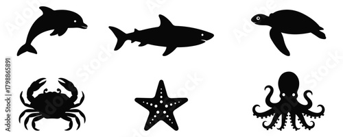 A set of sea animal silhouettes including dolphin, shark, turtle, crab, starfish, and octopus.
