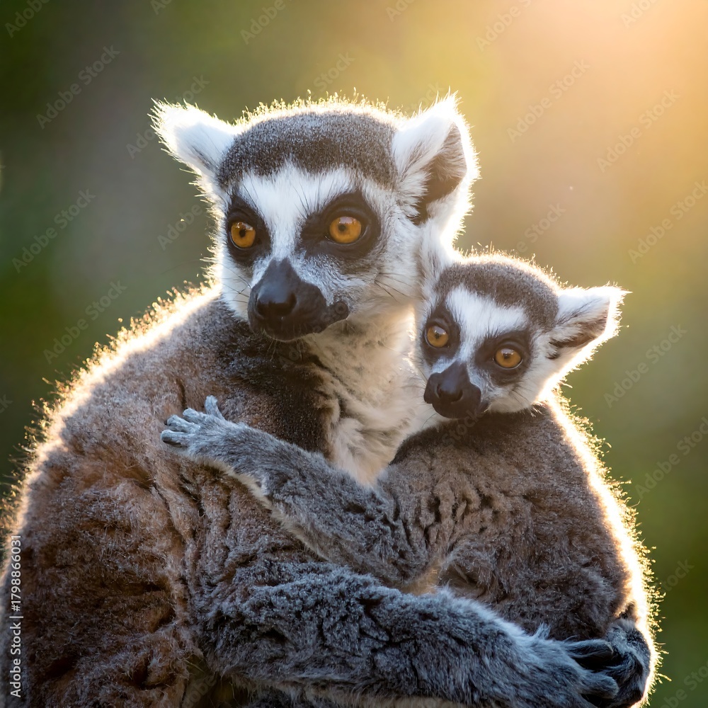 Obraz premium Two primates, one adult and one juvenile, embrace in a tender moment. Backlit by warm sunlight, they gaze out with curiosity