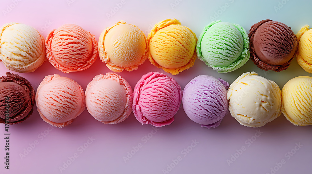 Fototapeta premium Colorful Scoops Of Ice Cream Arranged Neatly Forming A Sweet Dessert Photography Scene