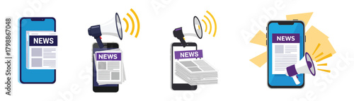 Mobile phone with news and megaphone, isolated on online information and announcement concept vector illustration