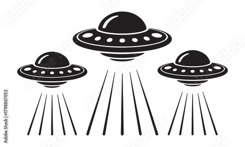 Three flying saucers descend from the sky