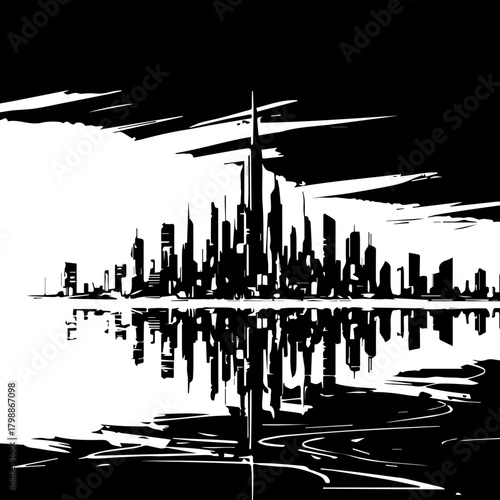 Abstract Black and White City Skyline Reflection.