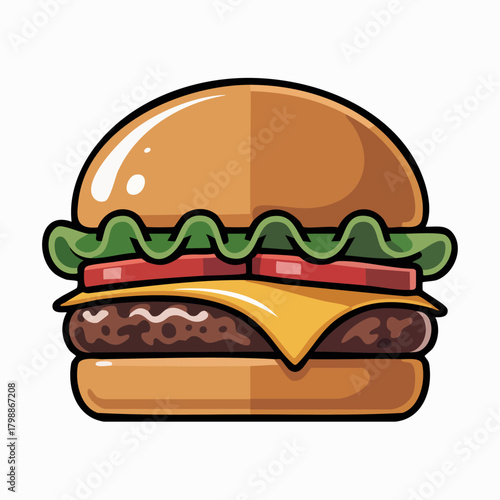 Cartoon Hamburger With Lettuce, Tomato, Cheese, And Bun—Bright Fast Food Illustration For Menu Or Ad