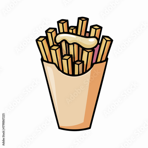 Belgian streetfood French fries. Golden French Fries With Creamy Sauce In Takeout Container – Crispy Snack Favorite For Every Meal