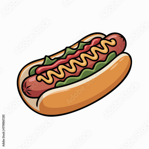 Colorful Cartoon Hot Dog With Sauce, Lettuce, And Bun  Fun Fast Food Illustration