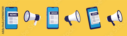 A series of smartphone illustrations displaying news headlines, each accompanied by a megaphone, set against a yellow background
