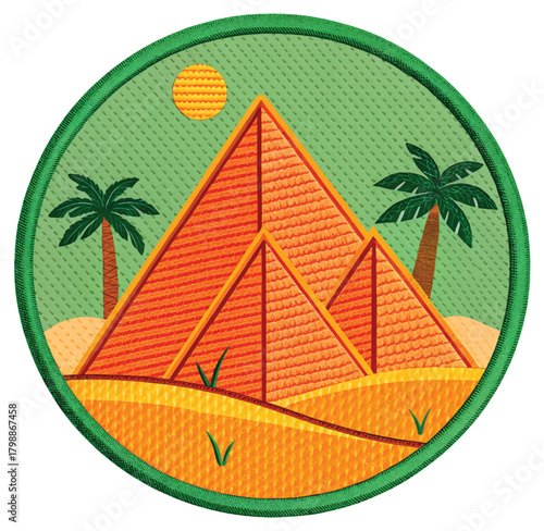 Vibrant Egypt pyramids scene with palm trees and sun, travel to the ancient world, exotic vacation, warm desert climate, historical adventure