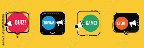 Set of colorful speech bubbles with text quiz, trivia, game, event and megaphone isolated on for social media post