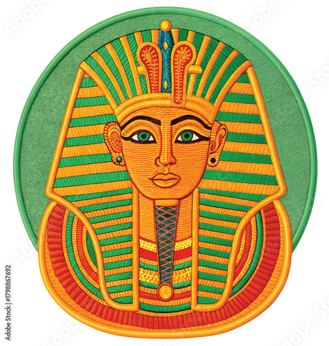 Stunning Tutankhamun golden mask, vibrant pharaoh illustration, ancient Egyptian royalty, perfect for historical designs and culture projects, museum exhibit graphics