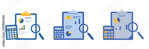 Financial analysis and accounting concept showing a calculator, magnifying glass, and clipboard with charts and graphs isolated on