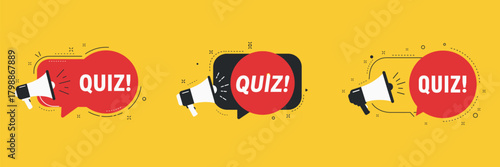 Three megaphone icons with the word quiz on a yellow background, perfect for social media, marketing campaigns, and educational content creation