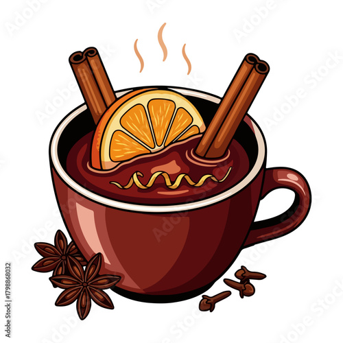 Festive Mulled Wine Vector Stickers for Holiday Season, Christmas Drink Clipart with Orange and Cinnamon
