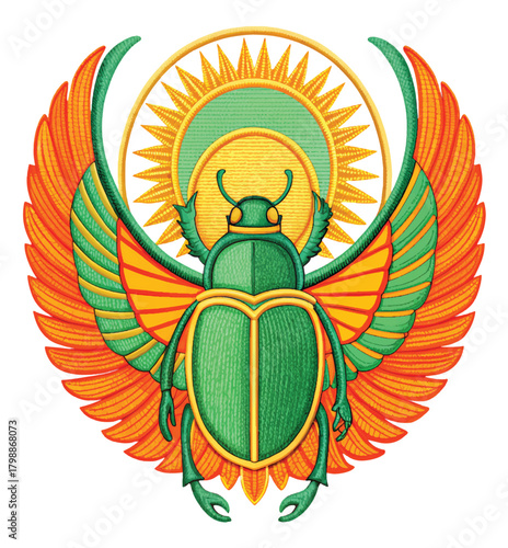 Stunning scarab beetle with vibrant wings and sun symbol, a powerful emblem of ancient Egyptian culture and spirituality, perfect for historical designs