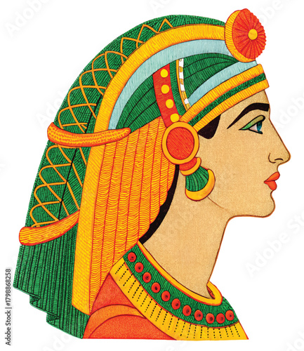 Vibrant vintage illustration of Egyptian queen with ornate headdress, perfect for history projects, cultural designs, and ancient civilization themes