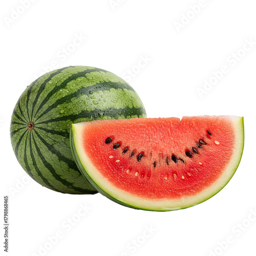 Bright 4K advertising photograph of a whole mini watermelon and a large, crisp slice, highlighting the watery red texture, dark seeds, and green striped rind, dewy water drops, isolated on a pure whit