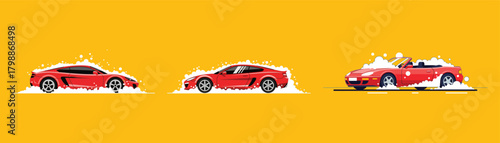 Three red sports cars are being washed with soap and water, the first is a coupe, the second is a convertible, and the third is a roadster on yellow background
