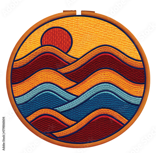 Handcrafted embroidery art featuring a mesmerizing sunset over rolling hills and tranquil waters, an amazing texture and color harmony for creative projects